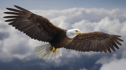 Obraz premium Majestic Bald Eagle Soaring Through Cloudy Sky