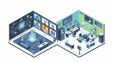 Isometric illustration of a modern office space with various workstations and technology integration. © Kaya Raya