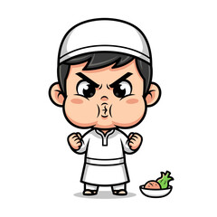 Obraz premium A young Muslim boy in white attire frowns while standing near a bowl of food during Ramadhan, an illustration from a child's viewpoint.
