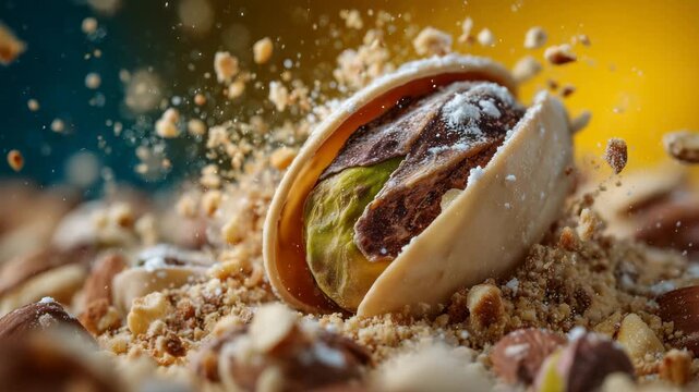 Cinematic close-up of a pistachio mid-explosion, fragments spiraling outward with suspended dust and fine crumbs, bold yellow backdrop, sharp focus on textures, evoking playful ind