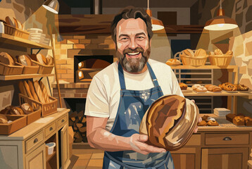Illustration of a happy bearded baker in an apron holding a fresh loaf of artisan bread. Rustic bakeshop with a traditional brick oven in the background.