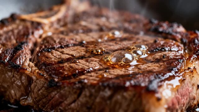 Juicy grilled beef steak sizzling close-up