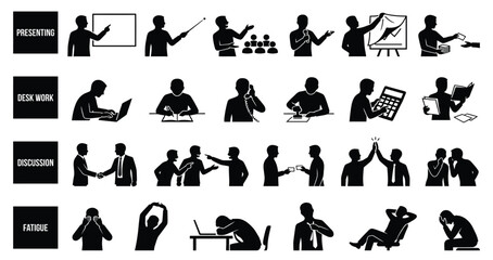 Obraz premium Black business people pictogram set with job and office activity silhouettes, flat vector icon collection for infographic or presentation