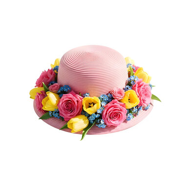 Pink cake hat isolated on transparent background with colorful flowers