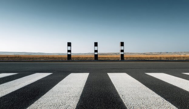 A zebra crossing leads to three vertical markers on an empty asphalt road under a clear sky