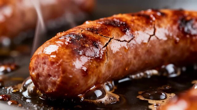 Juicy fried sausage sizzling in pan close-up