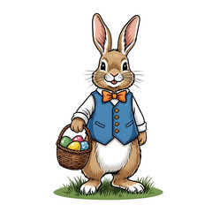 Easter bunny isolated on transparent background with colorful eggs basket