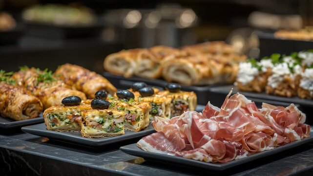 Cinematic food composition of assorted catering appetizers arranged for a stylish event, flaky sausage rolls, colorful mini sandwiches, golden quiche bites, and cured prosciutto ri