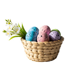 Easter eggs in a basket isolated on transparent background