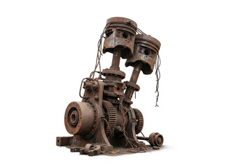 Rusty Vintage V-Twin Engine Piston Assembly on White Background