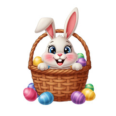 Easter bunny sitting isolated on transparent background with colorful eggs