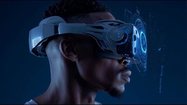 A man wearing futuristic virtual reality goggles in a dark room with blue lighting, video