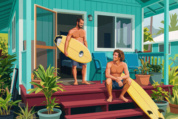 Two happy male surfers with their boards on the porch of a colorful beach bungalow. Illustration of a summer friendship and an active water sport lifestyle.
