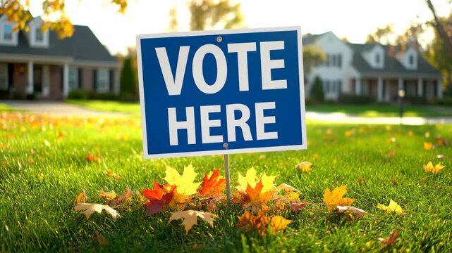 Vote here sign on green grass with autumn leaves in front of a residential house. Election day concept.
