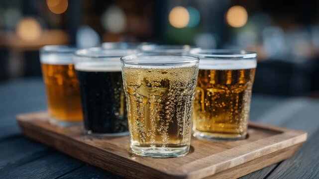 Close-up of five craft beer glasses on a wooden tray, arranged diagonally, condensation and frothy textures detailed, warm soft light highlighting variety and quality, casual socia