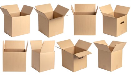 Fototapeta premium Collection of eight open, empty, brown cardboard boxes on a white background