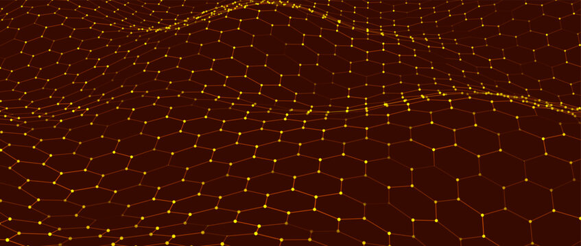 A vibrant hexagonal grid gently curves like a living digital fabric. A futuristic hexagonal background. Glowing nodes are connected by lines, forming a honeycomb structure.