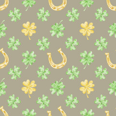Obraz premium Golden horseshoes, green clovers and yellow accents on muted green colors, watercolor illustration seamless pattern, hand drawn for St Patricks Day merchandise including fabric, wrapping paper