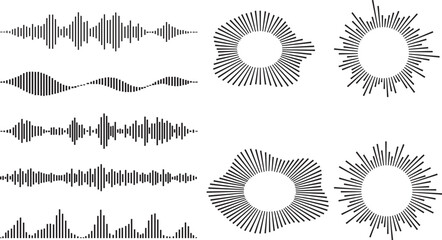 Naklejka premium Podcast audio waveform and equalizer bars set, monochrome sound frequency lines and voice recording elements. Geometric equalizer bars, abstract ripple shapes and voice recording graphic elements.