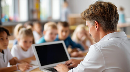 Over-the-shoulder view of faceless teacher showing laptop to students, diverse kids focusing on lesson, interactive educational technology moment, classroom engagement visualization,