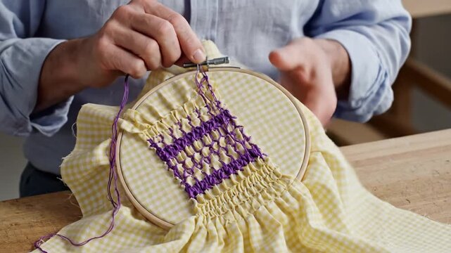 Man's hands smocking yellow gingham fabric with purple thread