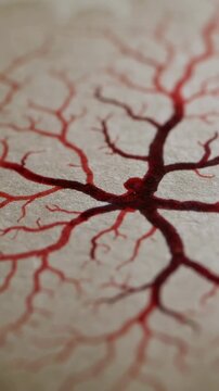 Vertical video: Falling droplet from dropper, red ink spreading on textured paper, creating pattern