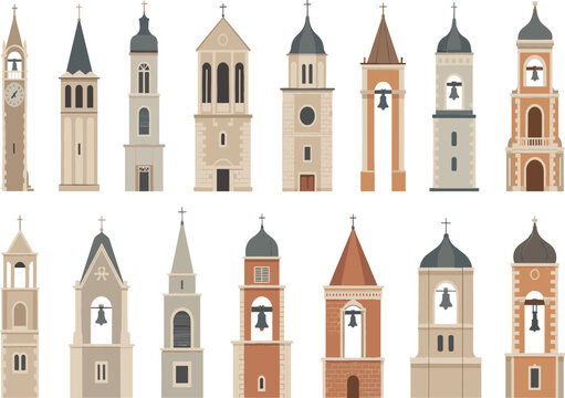 Church tower and bell tower vector set with various architectural styles, Christian religious buildings and historic landmarks in flat illustration style