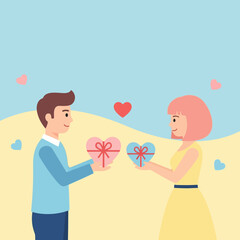 Couple exchanging heart-shaped gifts, celebrating love and affection.