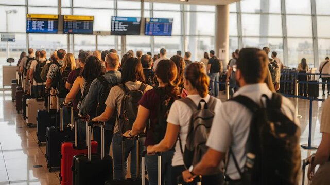 A bustling airport terminal filled with many passengers lining up. The warm sunlight creates a bright, modern atmosphere, useful for illustrating travel, waiting, journeys, and connection