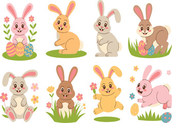 Fototapeta premium Cute Easter bunny vector set with smiling rabbits, eggs, flowers, and grass, colorful cartoon characters for children’s illustrations, holiday designs, and festive projects