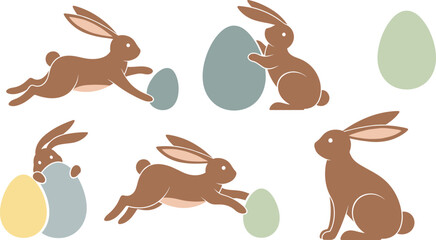 Obraz premium Easter Bunny Illustration Set with Rabbits and Decorative Eggs in Soft Pastel Style for Spring Holiday Designs, Nursery Art, and Seasonal Graphics