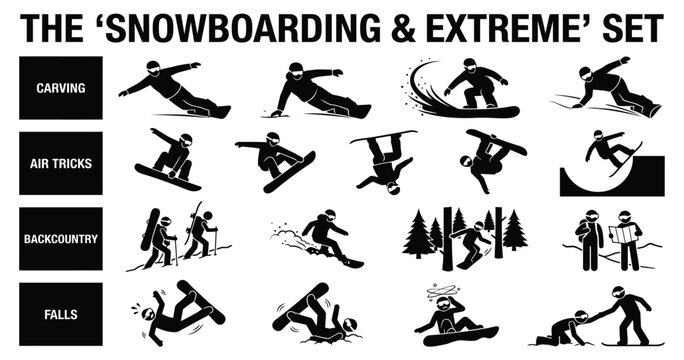 Black vector snowboarding and extreme sports pictogram icon set with activity labels on dark gray panel for infographic or website UI