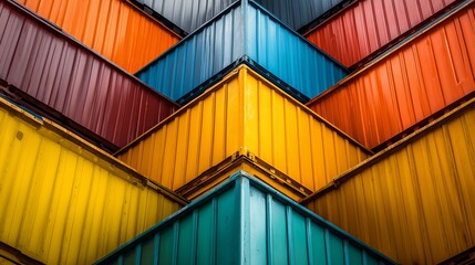 Fototapeta premium Stacked cargo containers in various colors arranged in a geometric pattern in a shipping yard during daylight hours