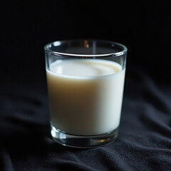 Glass of milk on dark cloth with soft lighting in a simple setting at home