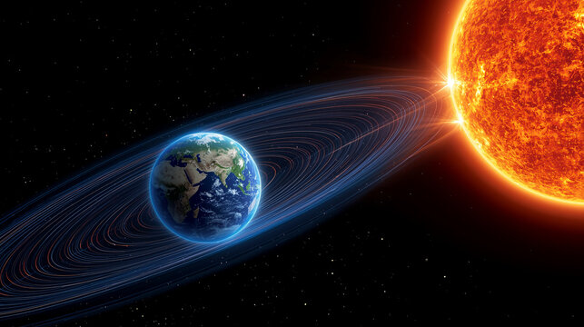 A scientific illustration depicts Earth's magnetosphere and its interaction with the Sun. The Sun emits solar wind toward Earth, which is enveloped in a teardrop-shaped magnetosphere defined by glowin