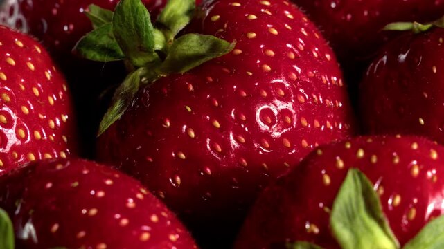 A macro close-up captures a slow camera move across strawberry skin from left to right. Fine surface detail, natural gloss, visible seeds, and rich red texture create a clean abstract food background.