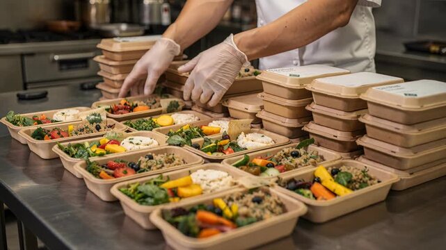 Shot of a chef in a commercial kitchen packing healthy takeout meals into sustainable containers, perfect for meal prep, balanced diet and convenience. Food industry, nutrition, catering