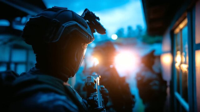 Defocused officers in tactical gear preparing for operation, blurred silhouettes against doorway, law enforcement security scene, crisis situation confrontation, with copy space