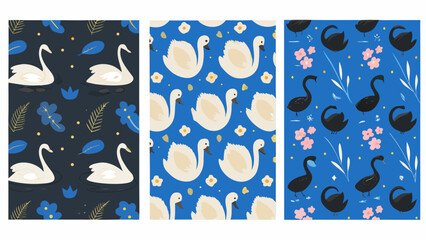 Seamless patterns featuring white and black swans with floral elements © MihirKumarMondal