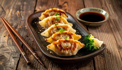 Fried dumplings on a plate, with soy sauce, ginger, and chopsticks