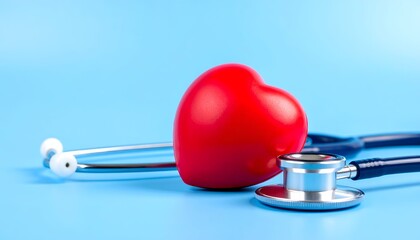 Heart and stethoscope on blue background, medical health concept close-up