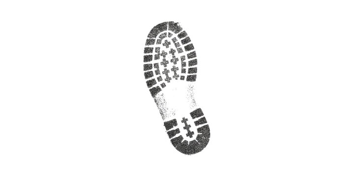 A detailed black and white illustration of a single bootprint showing the sole's tread pattern