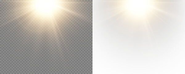 Bright sunlight, shimmering with rays and sparkling effects. A vibrant starburst with warm sunlight, isolated on a transparent PNG background. © Ihor Nemynushchyi