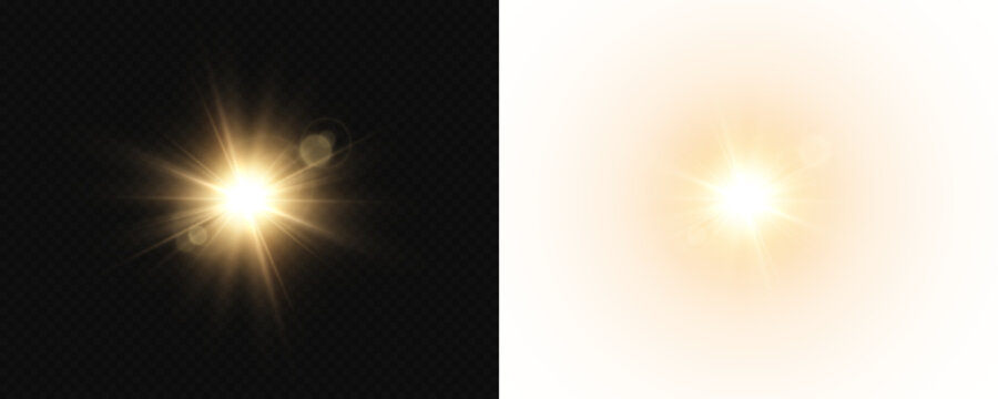 Golden shining explosion with sharp rays and soft radiant aura for various overlays, PNG vector graphics.