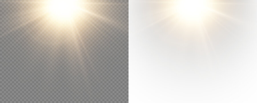 Bright sunlight, shimmering with rays and sparkling effects. A vibrant starburst with warm sunlight, isolated on a transparent PNG background.