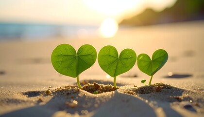 Three heart-shaped leaves sprout in sand at sunrise with ocean waves behind