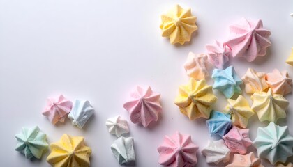 Pastel meringue cookies, arranged on a white surface, filling bottom right