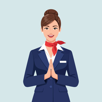 Front-view cartoon flight attendant woman in blue uniform and red scarf, hands clasped, standing on light-blue background, welcoming passengers