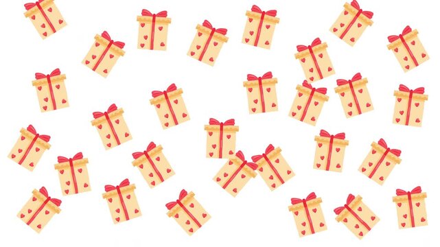 Repeating pattern of small wrapped presents with red bows. Festive background suitable for holiday designs and concepts.