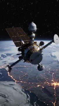 Vertical video: Viewpoint shifting, camera pulling back revealing satellite above Earth city lights